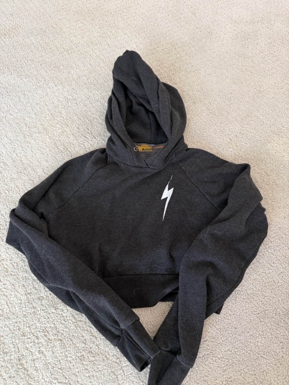 Aviator Nation Black Cropped Hoodie with White Lightning Bolt